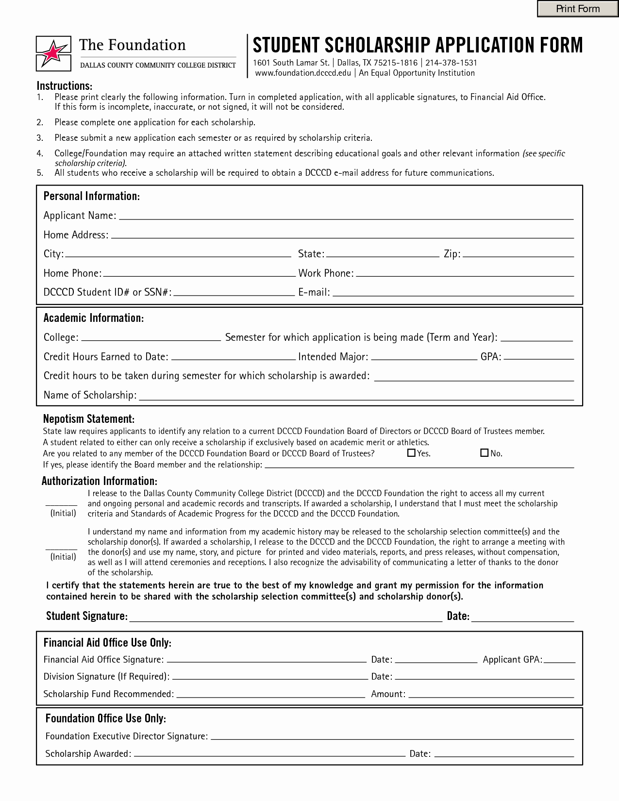 scholarship application form template