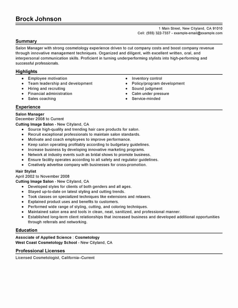 Best Salon Manager Resume Example