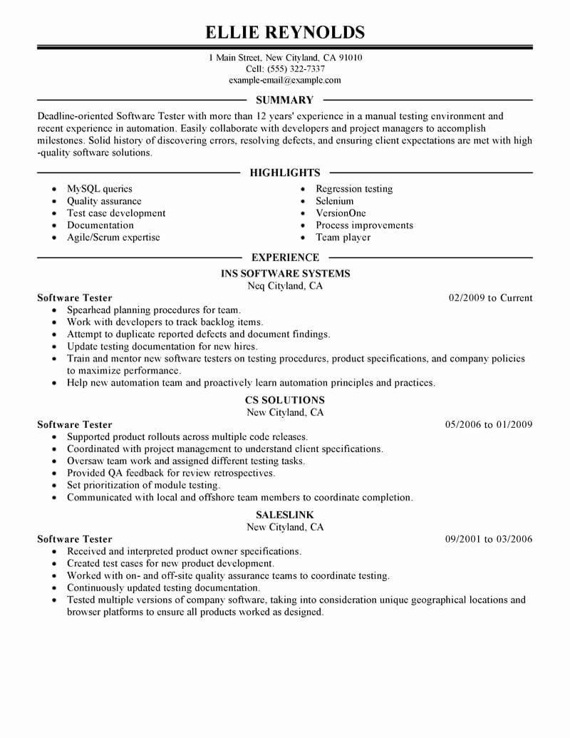 Best software Testing Resume Example
