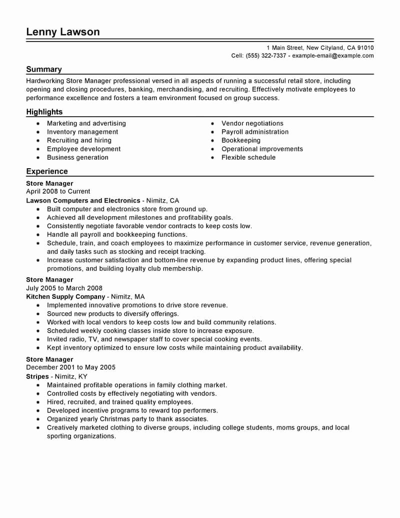 Best Store Manager Resume Example