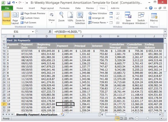 Bi Weekly Mortgage Payment Amortization Template for Excel