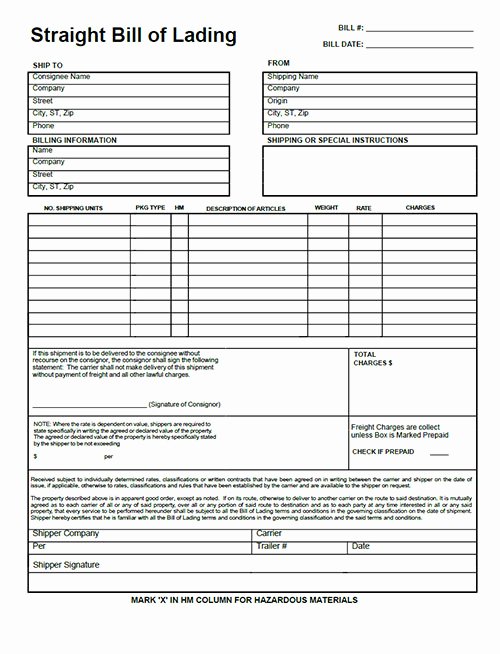 Bill Of Lading Template form Pdf Download