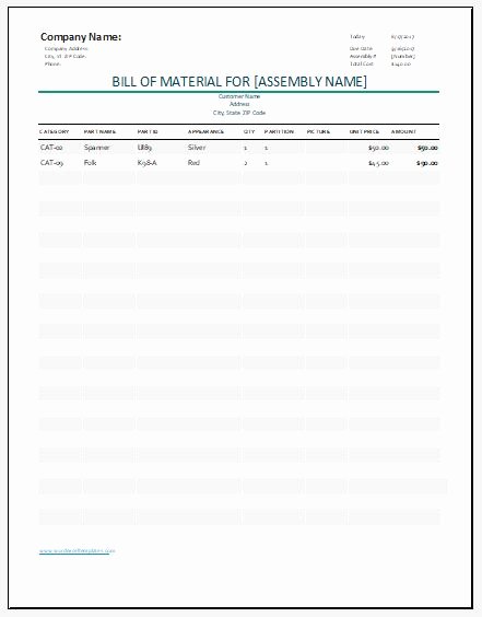 Bill Of Materials Template for Ms Excel
