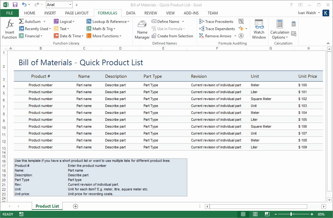 bill of materials bom template