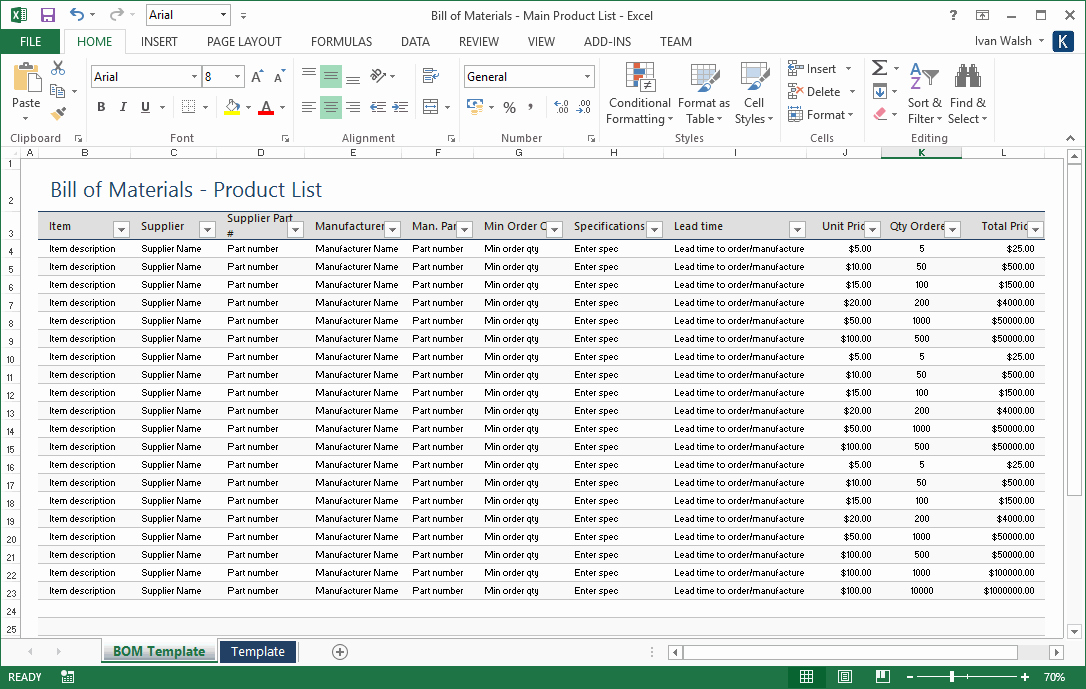 Bill Of Materials Template Ms Word Excel