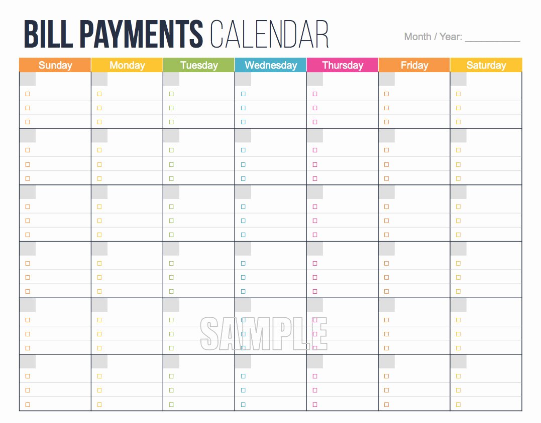 Bill Payments Calendar Editable Personal Finance