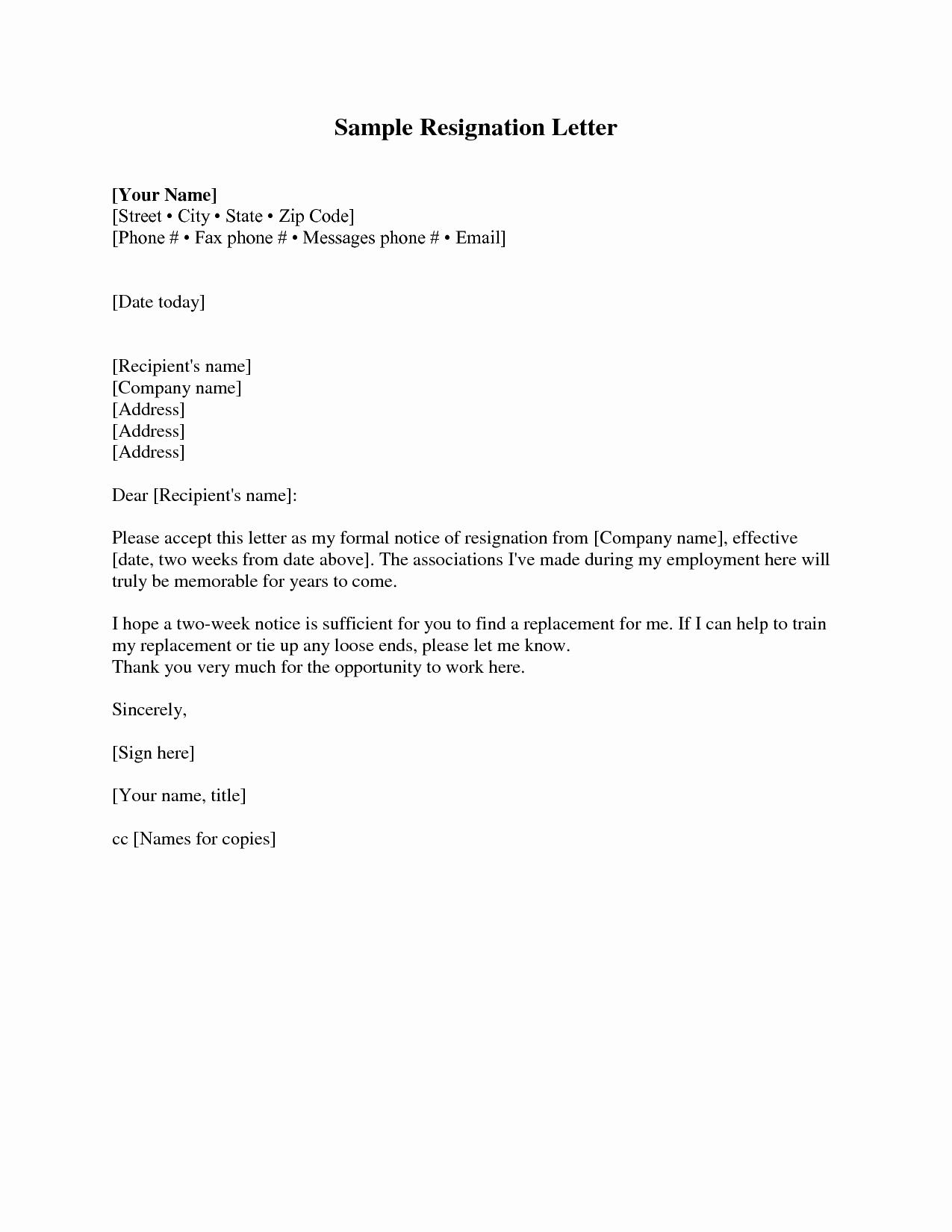 Blank Basic Sample Two Weeks Notice Resignation Letter