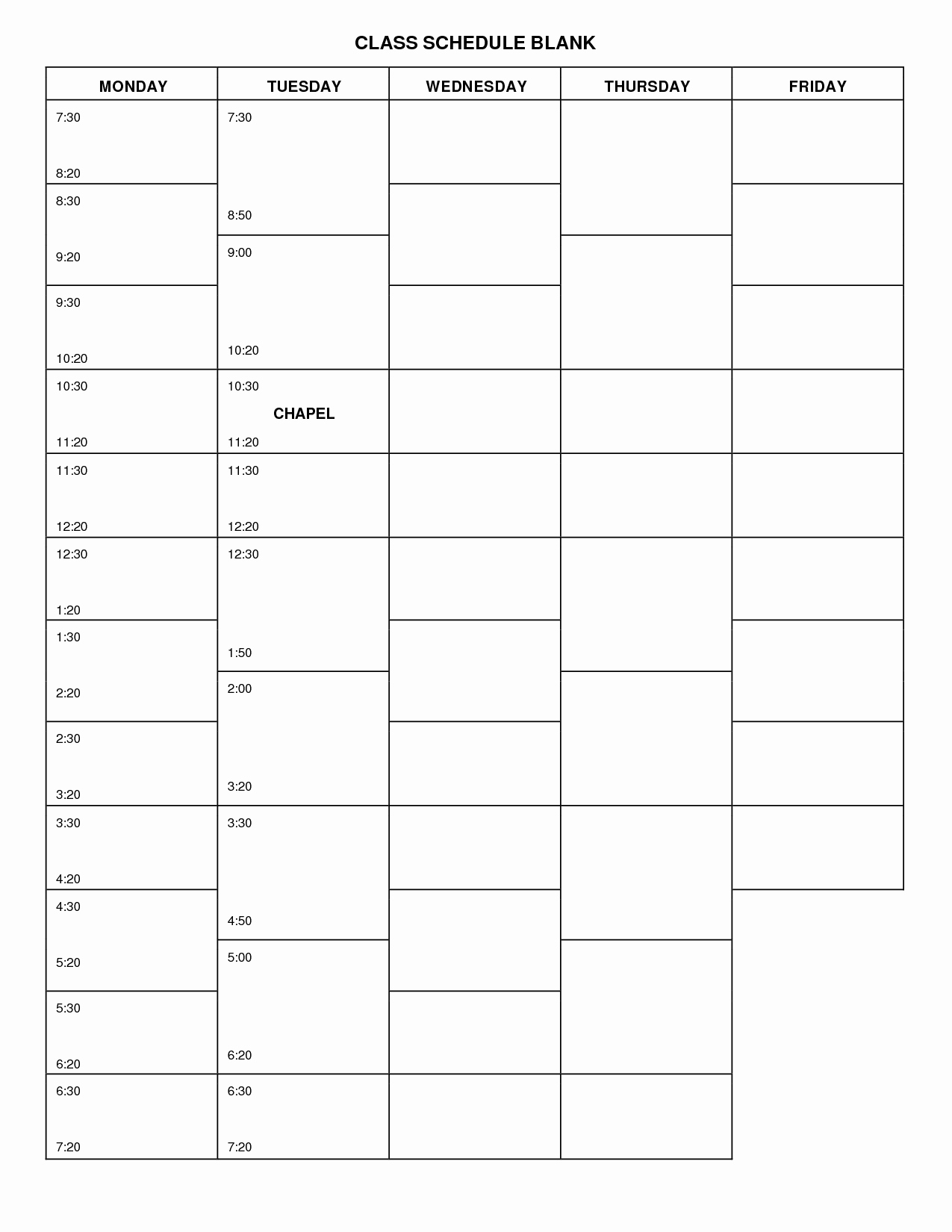 Blank College Schedule Template 6 Best Images Of Printable