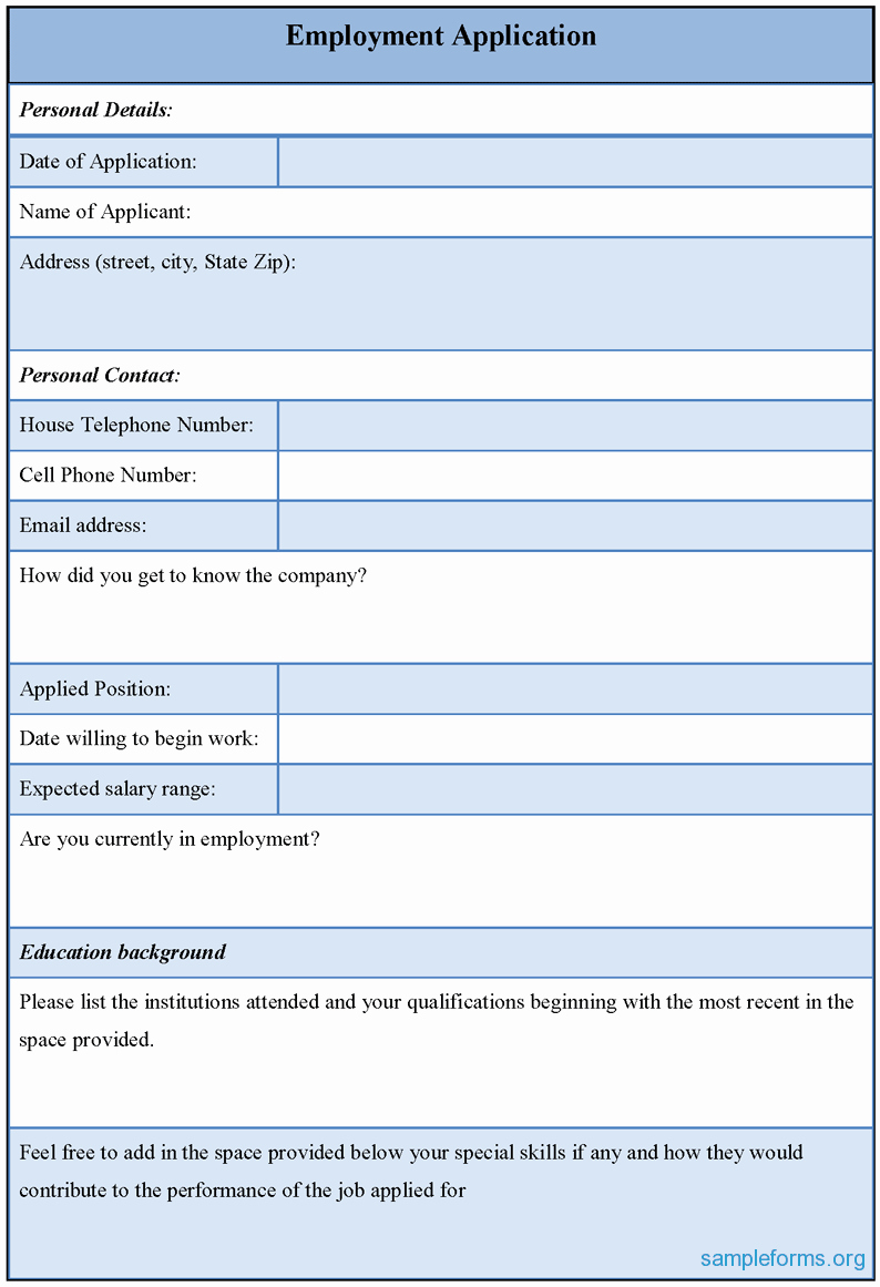 Blank Employment Application form Sample forms