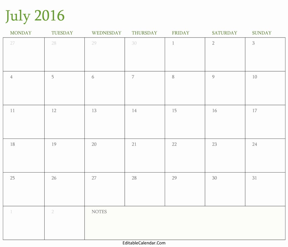 Blank July 2016 Calendar Template Editablecalendar
