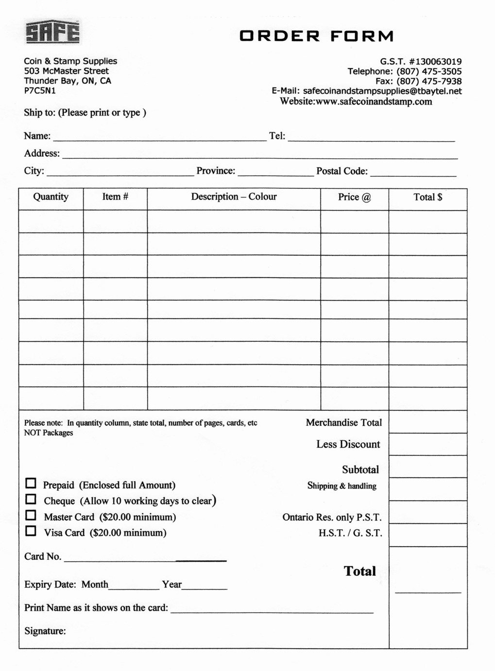 Blank Purchase order form