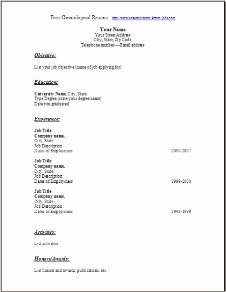 Blank Resume form to Fill Out