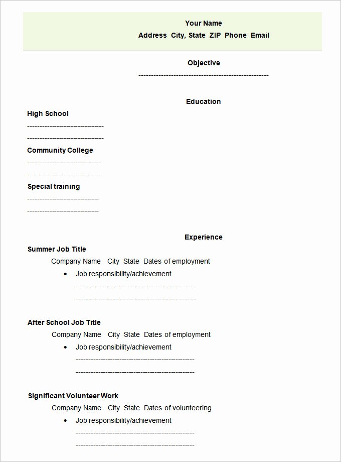 Blank Resume Worksheet for High School Students Resume