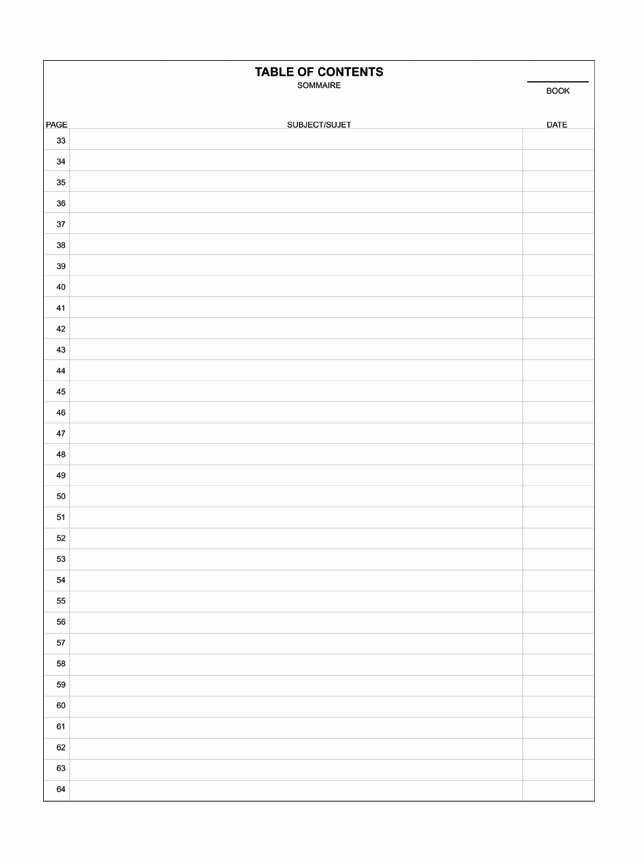 blank table of contents printable