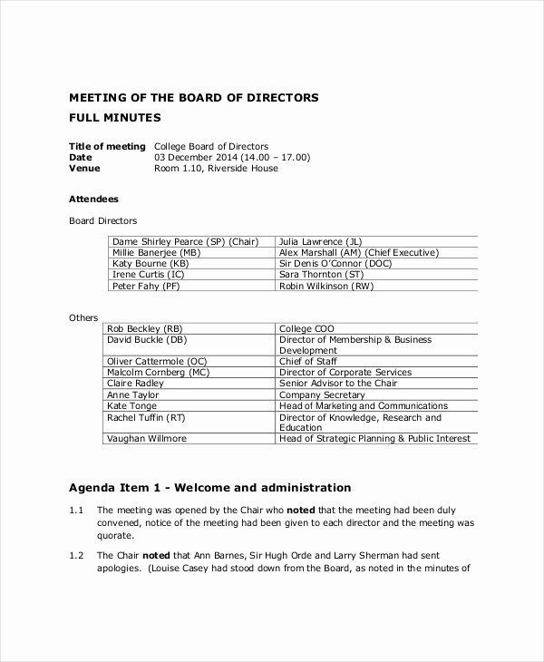 board of directors meeting agenda