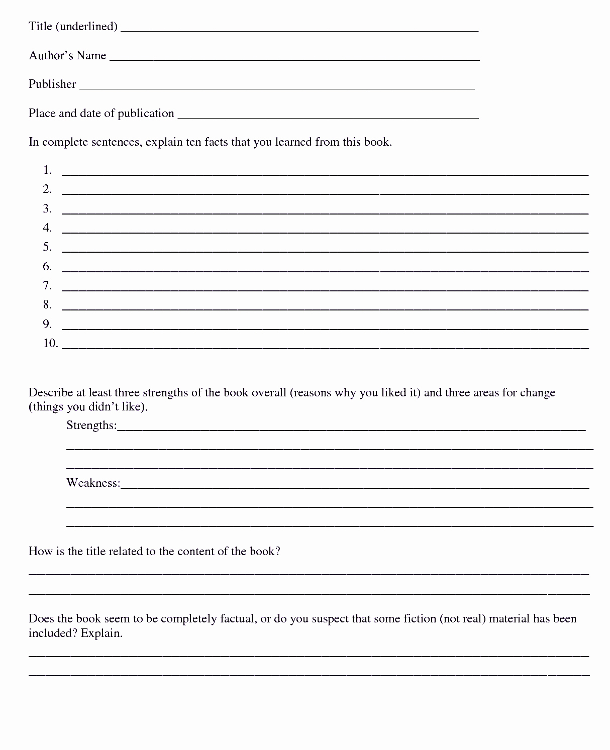 Book Report Template 1st to 5th Grade