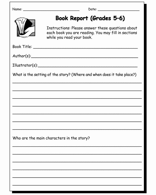 Book Report Writing Practice Worksheet for 5th and 6th