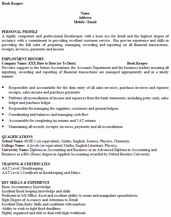 Bookkeeper Cv Example Icover