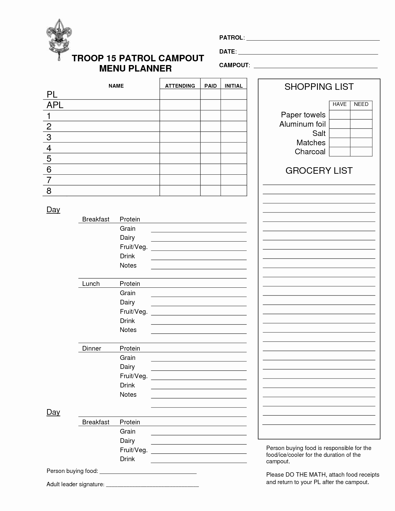 Boy Scout Campout Planning Worksheet Google Search