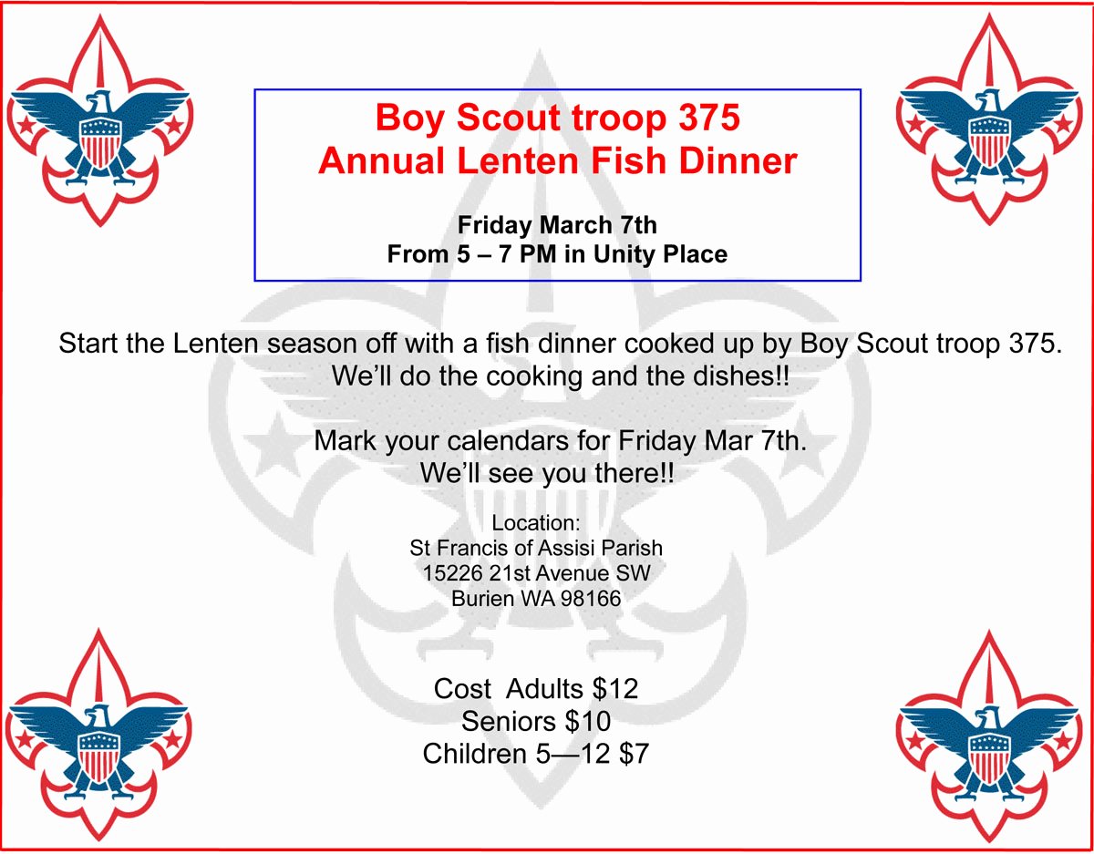 Boy Scout Troop 375 Holding Annual Lenten Fish Dinner On