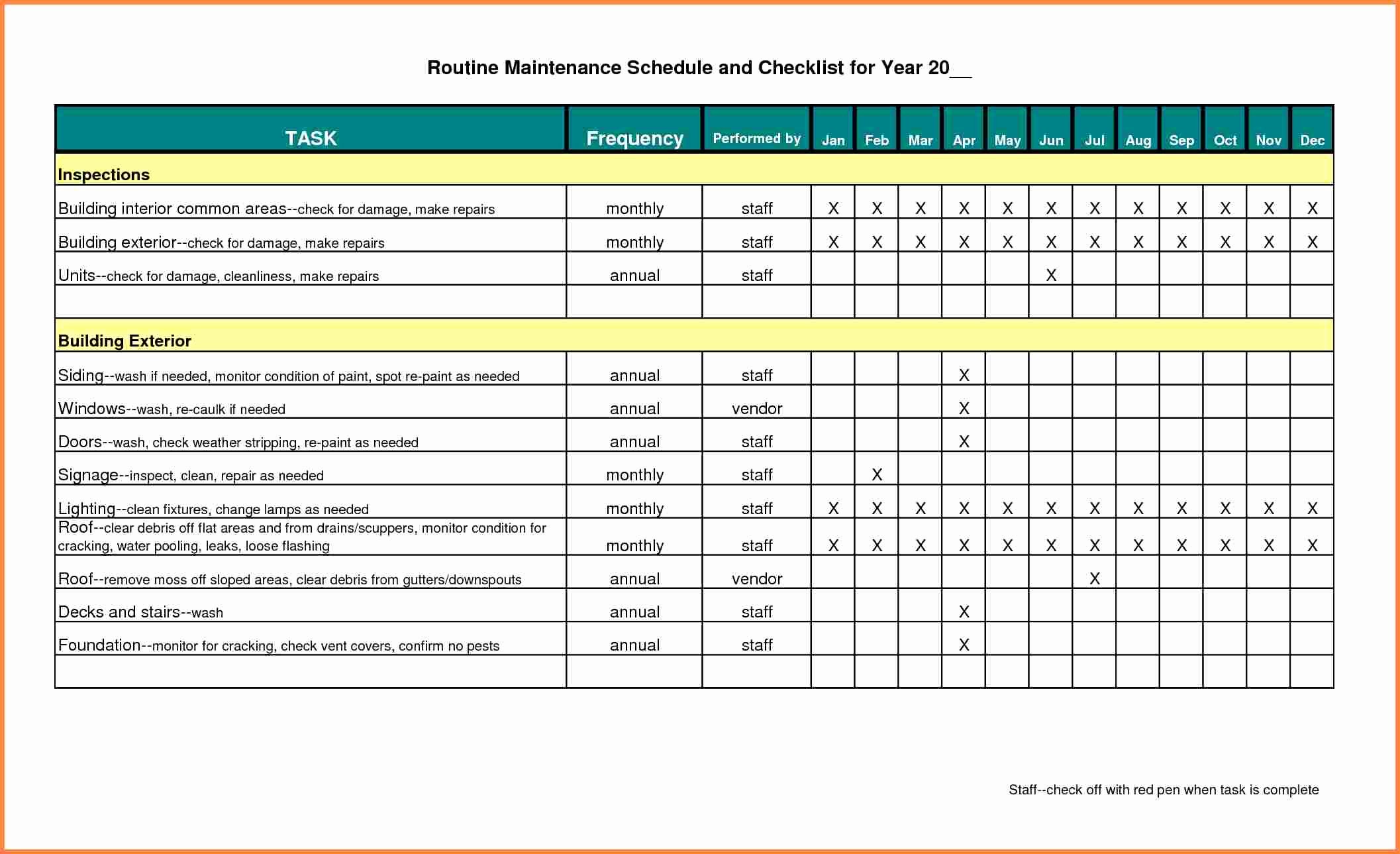 Maintenance Schedule Template Excel