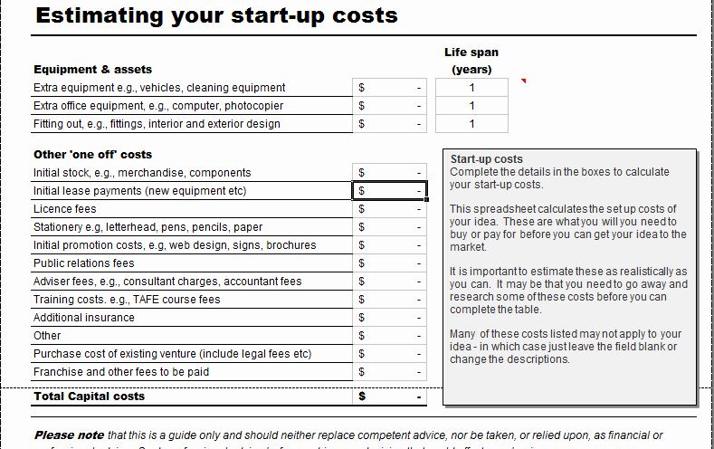 Business Start Up Costs Calculator for Excel
