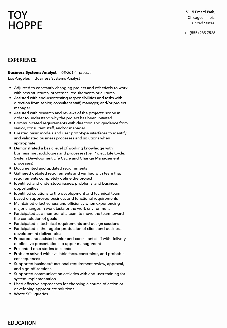 Business Systems Analyst Resume Sample