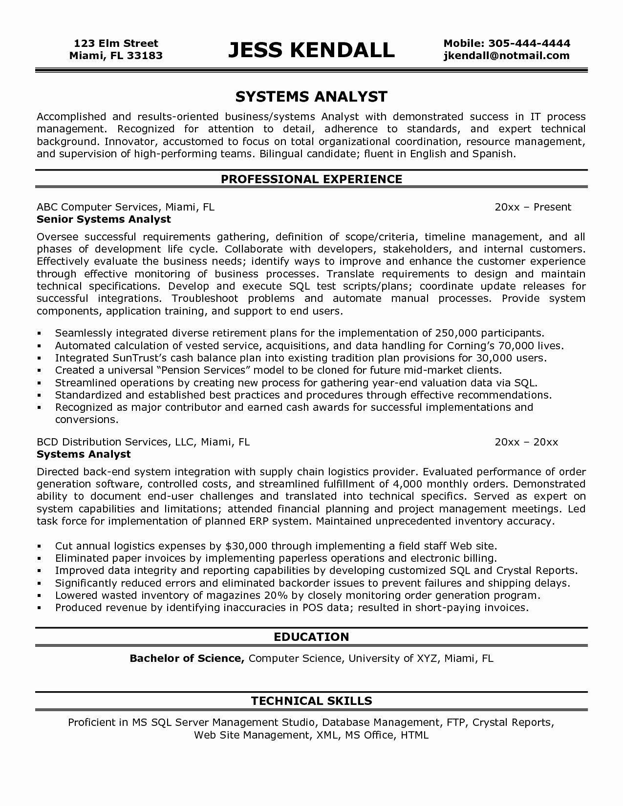 Business Systems Analyst Resume Template