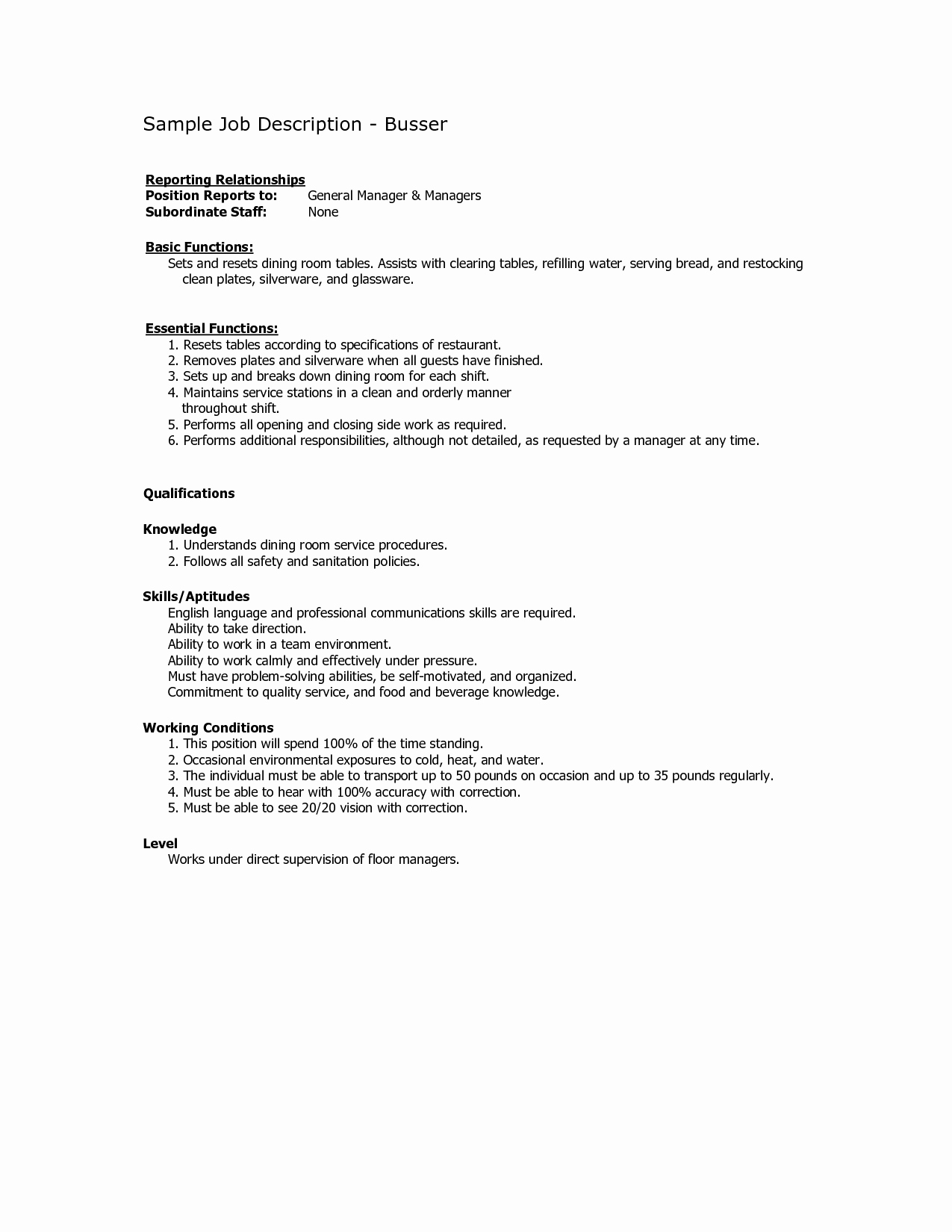 Busser Job Description for Resume Samplebusinessresume