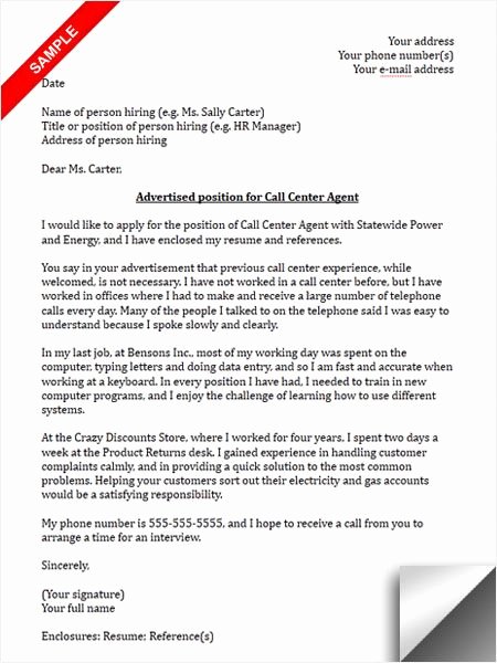 Call Center Cover Letter Sample