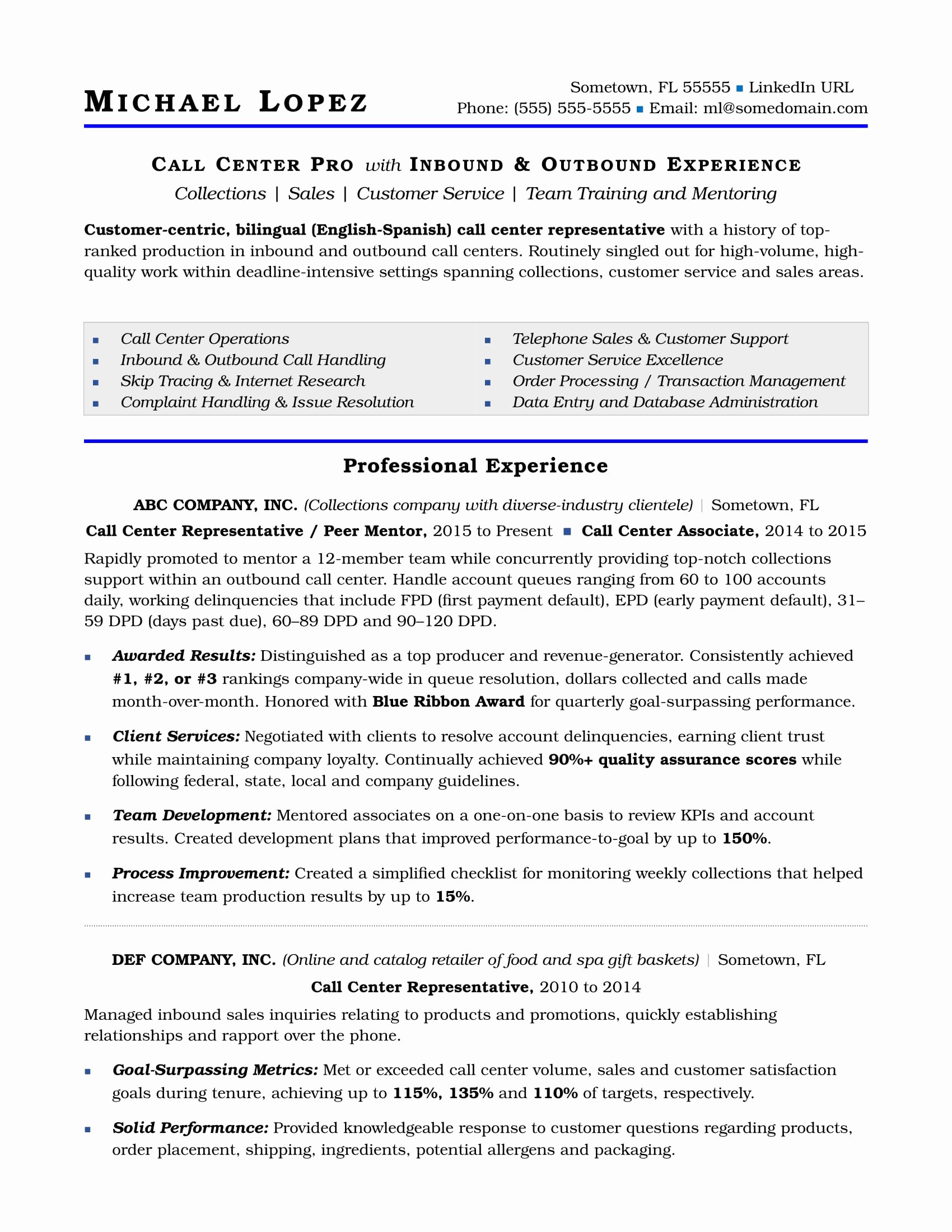 Call Center Resume Sample