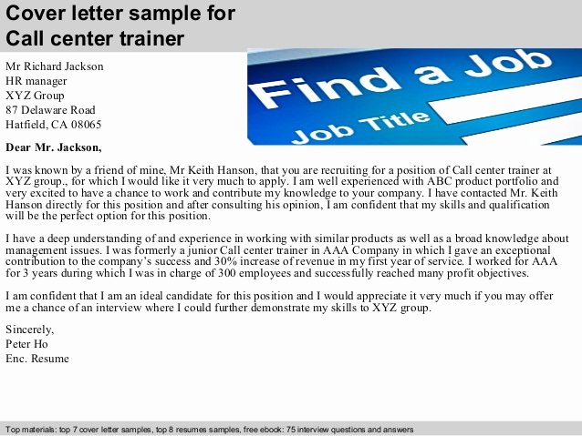 Call Center Trainer Cover Letter
