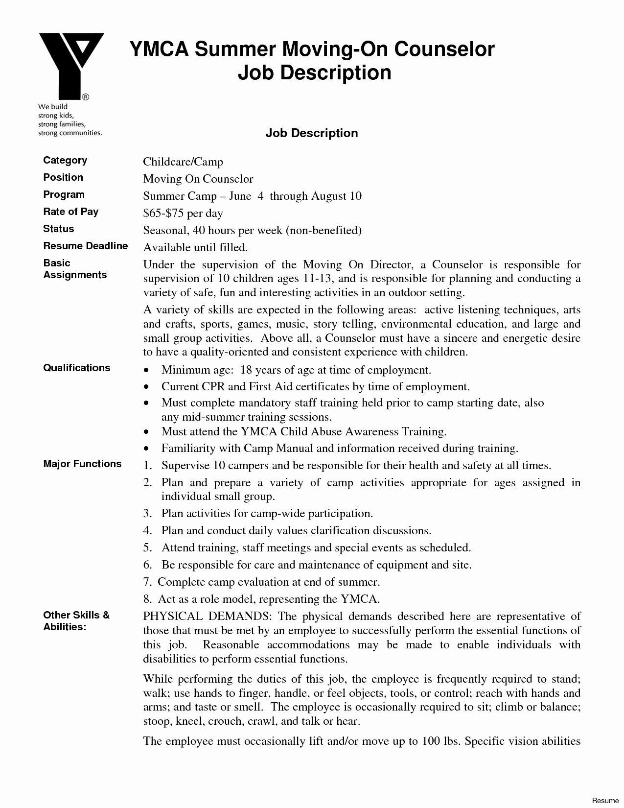 camp counselor job description for resume