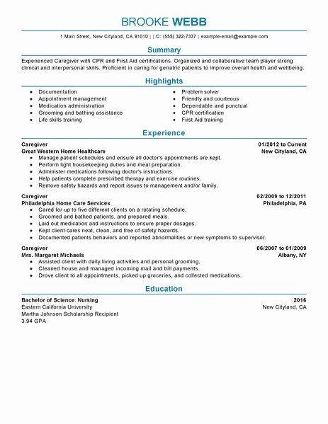 Caregiver Resume Example Medical Sample Resumes