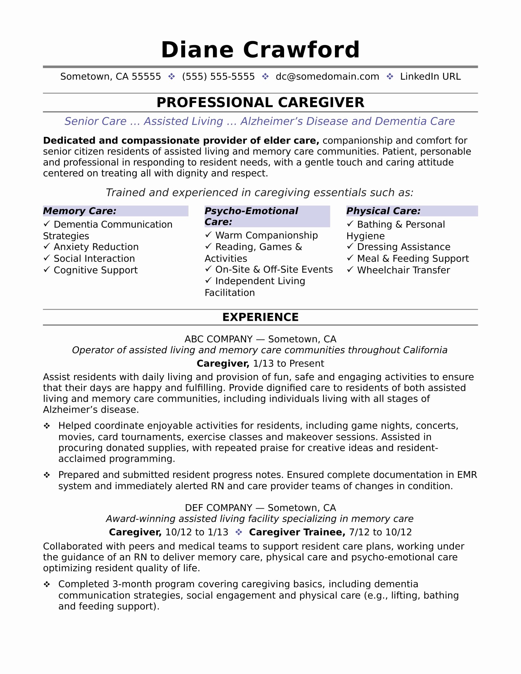 Caregiver Resume Sample