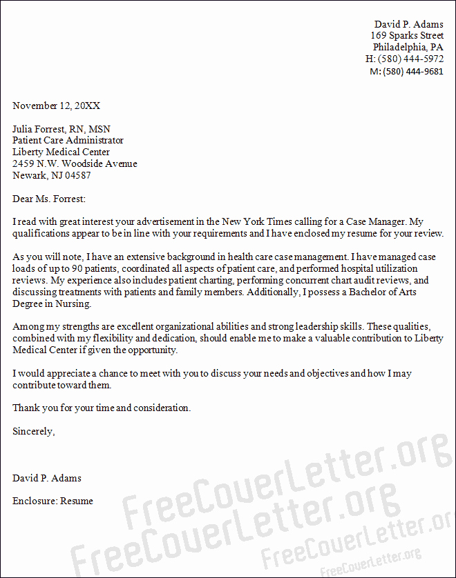 Case Manager Cover Letter Sample