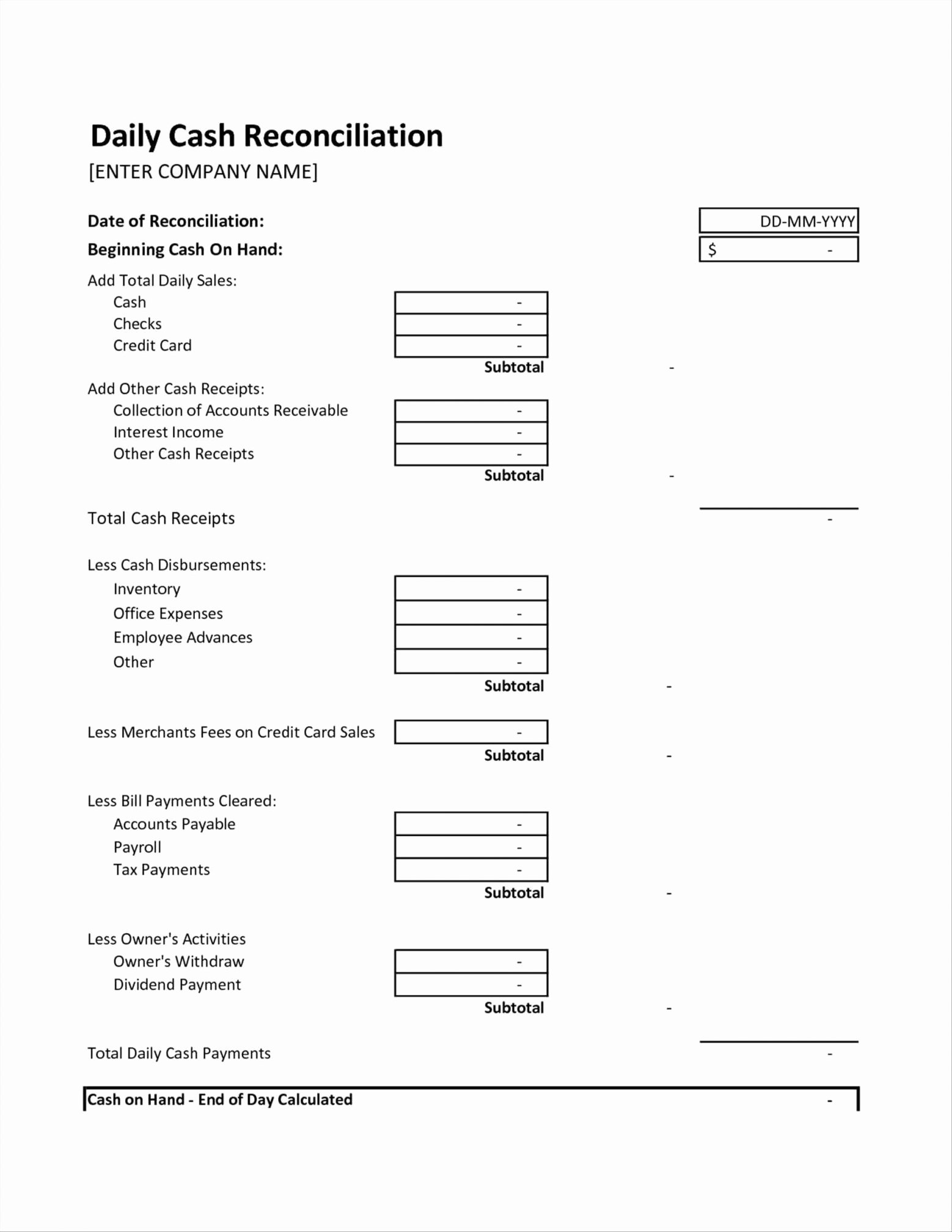 Cash Drawer Count Sheet Template