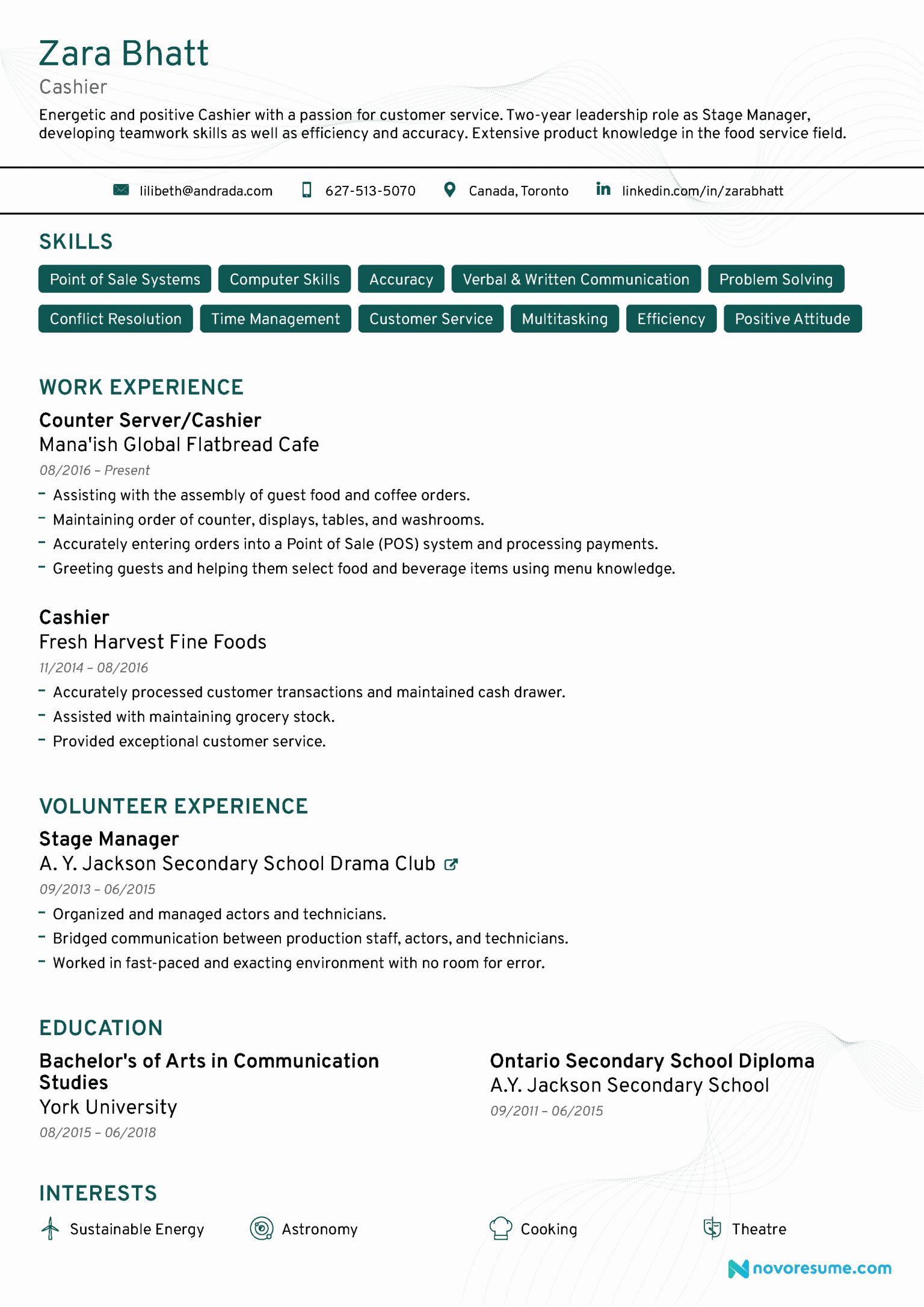 Resume Example For Cashier