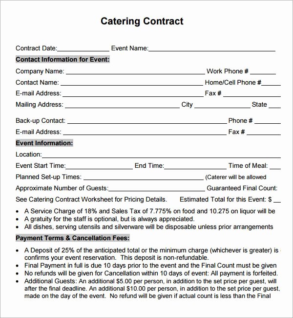 Catering Contract Sample Catering Contract Agreement