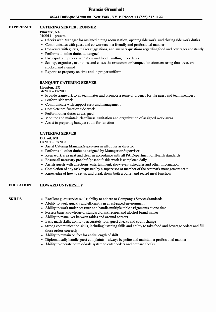 catering server resume sample