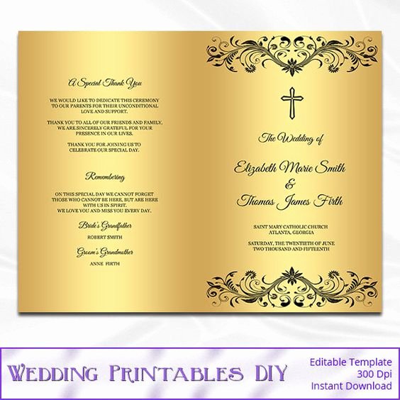 Catholic Wedding Program Template Diy Black and Gold Foil