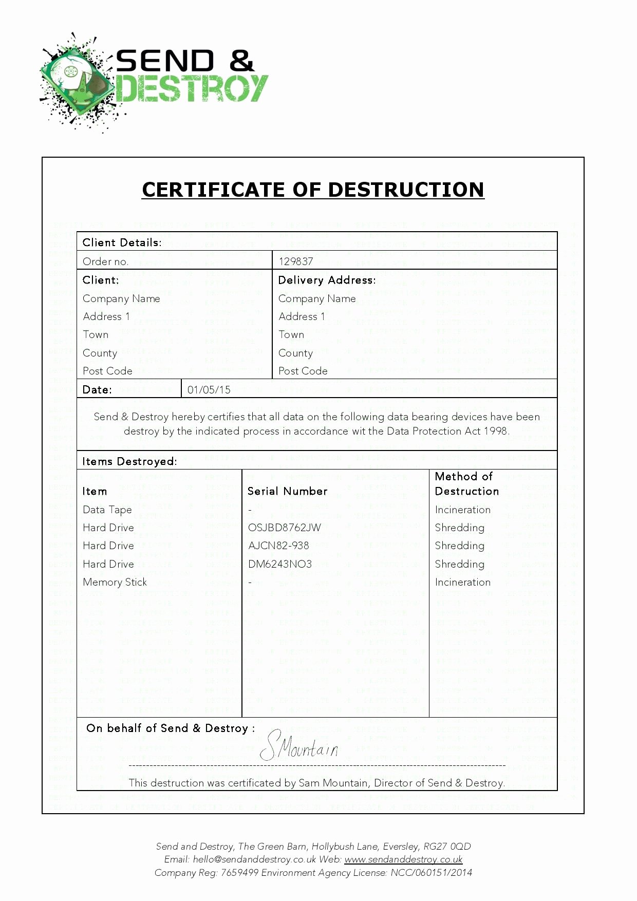 Certificate Destruction Template