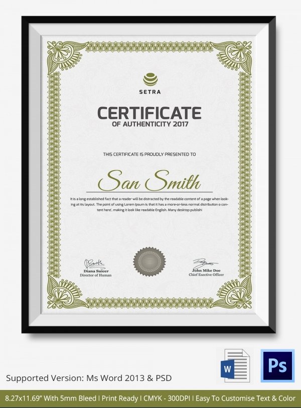 Certificate Of Authenticity Template 27 Free Word Pdf