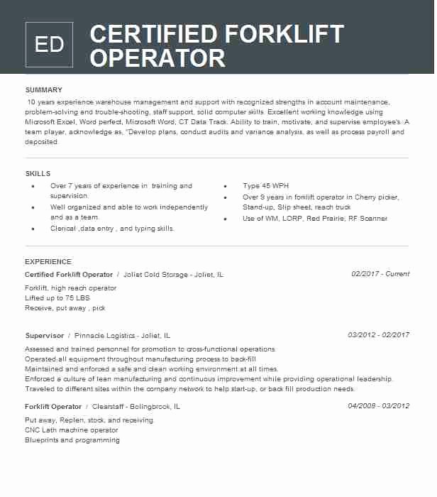 Certified forklift Operator Resume Sample