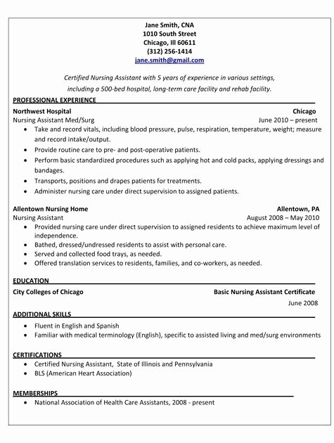 certified nursing assistant resume sample