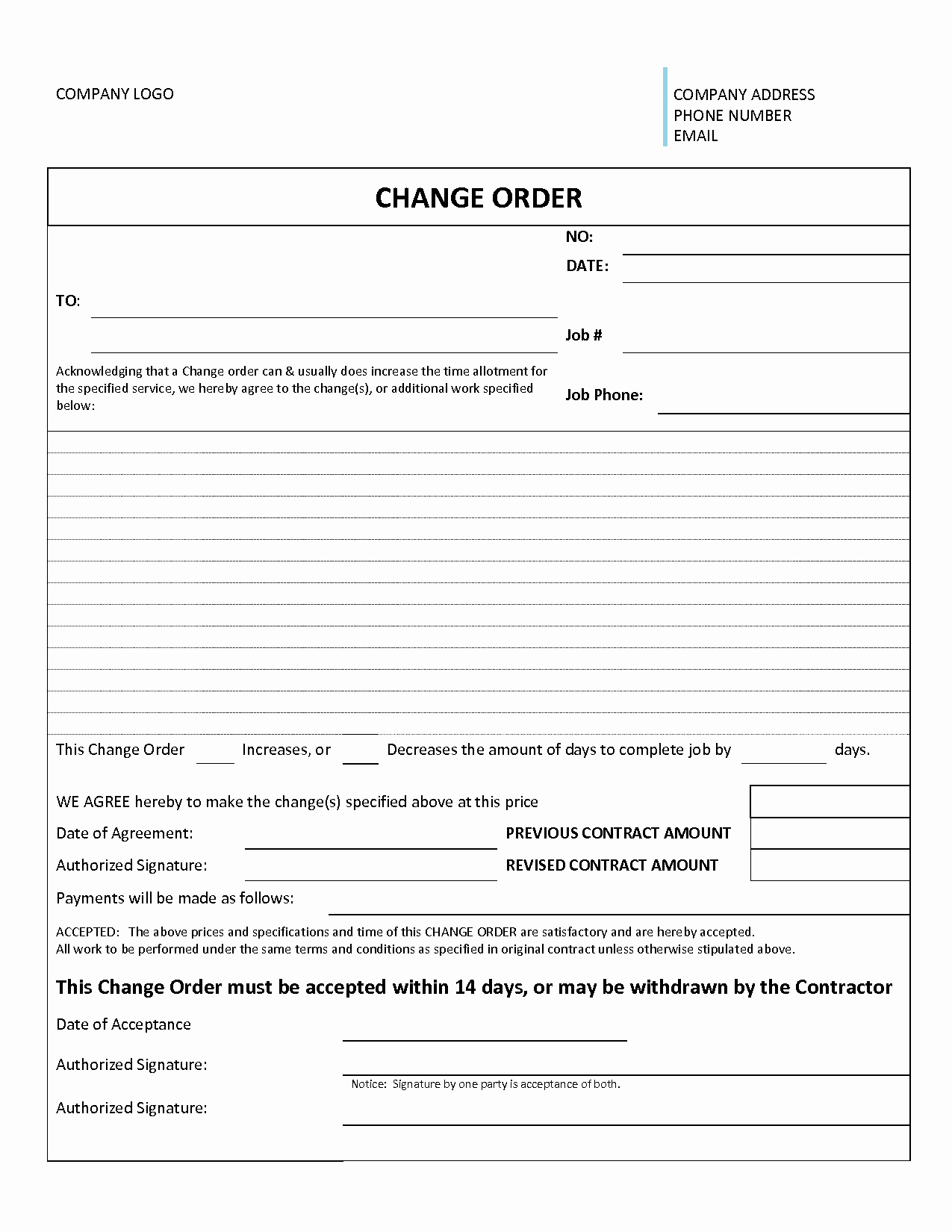 Change order form
