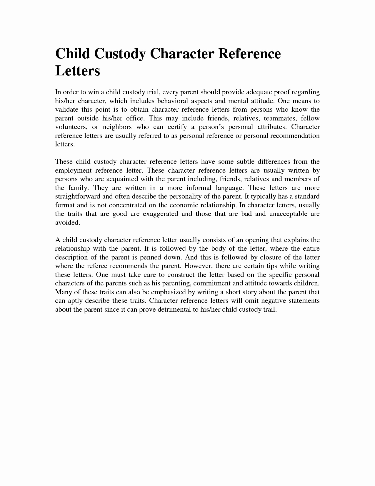 Character Reference Letter Court Child Custody