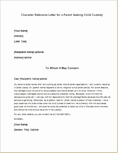 Character Reference Letter for Parents