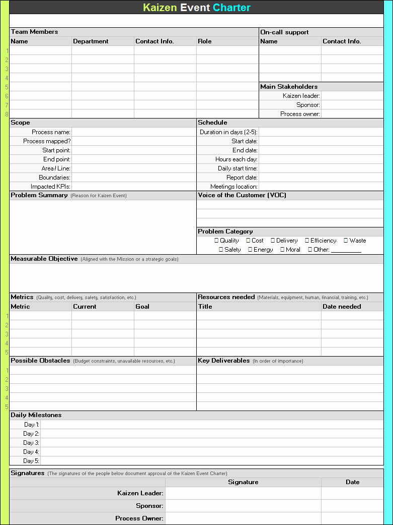 Chart Six Sigma Project Charter Template with S Six