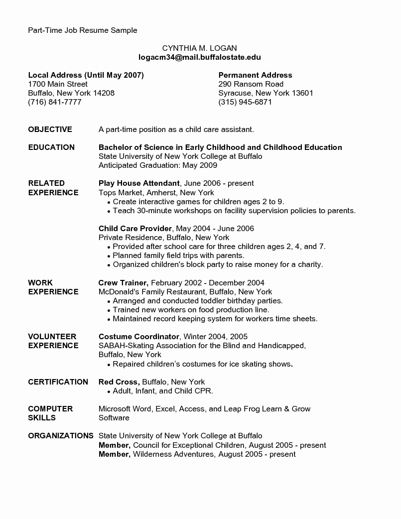 Child Care assistant Sample Resume Template for Part Time